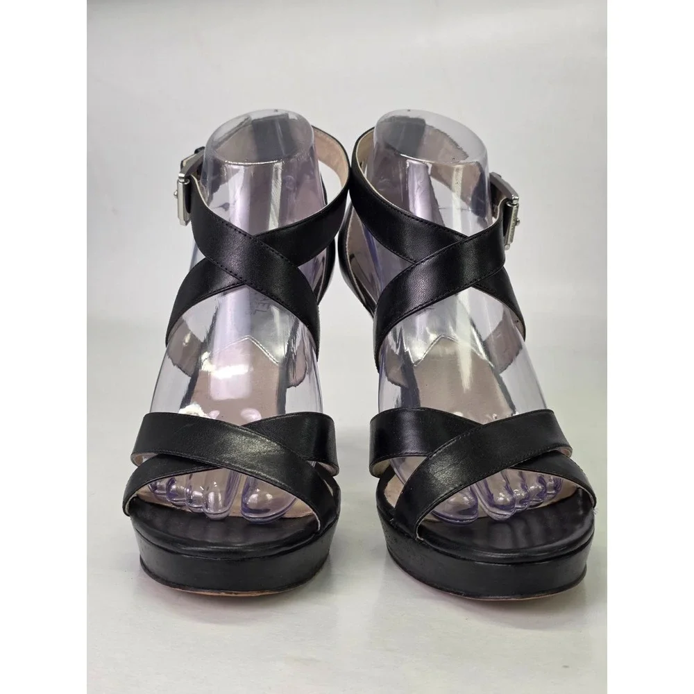 Michael Kors Evie Women's Heels Size 9.5 M Black‎ Leather Platform Sandals Shoes